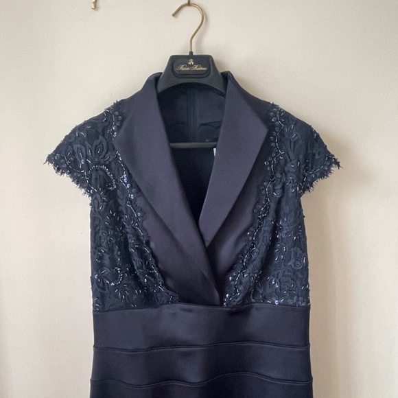 Beautiful Navy Dress with Cap Sleeves and Beaded Lace Bodice - Picture 2 of 12